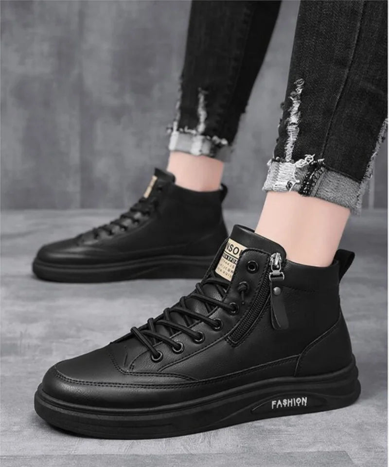 Men's Zip-Up High-Top Leather Ankle Boots