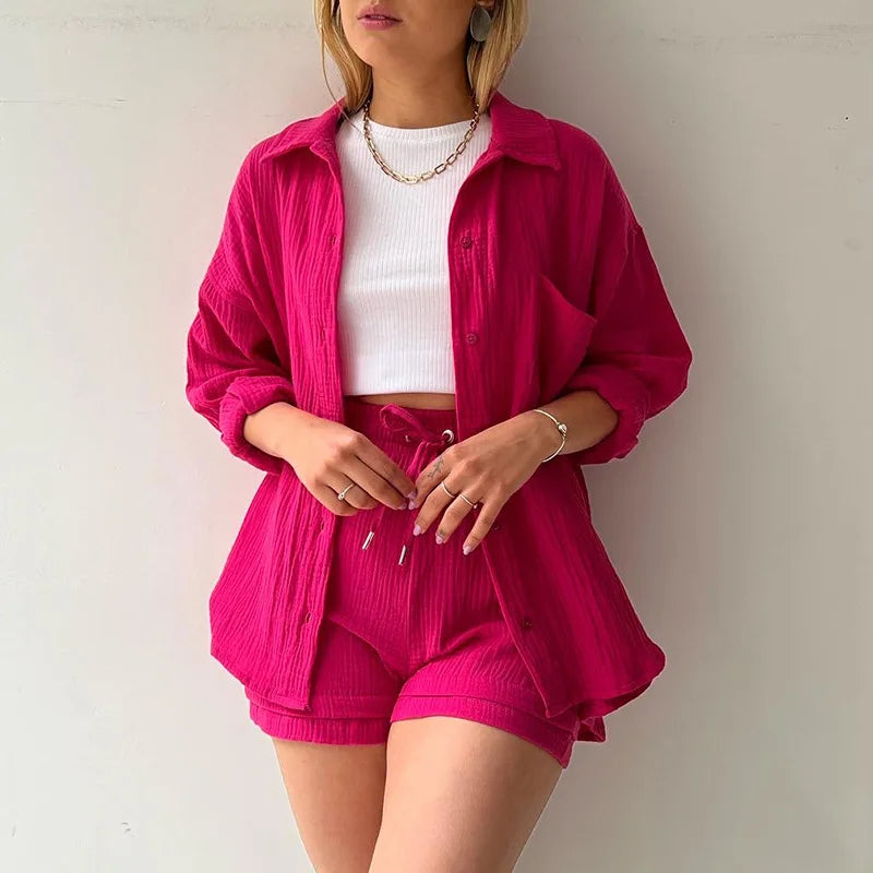 Women's Muslin Button Short Suit Set