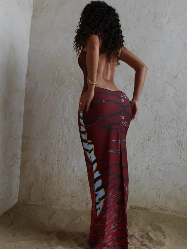 Women's Tiger Stripe Backless Bodycon Maxi Dress