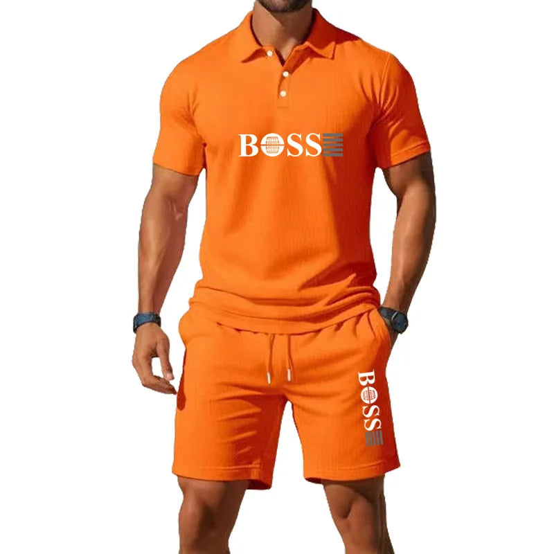 Men's Retro Polo Collar T-Shirt & Shorts Set