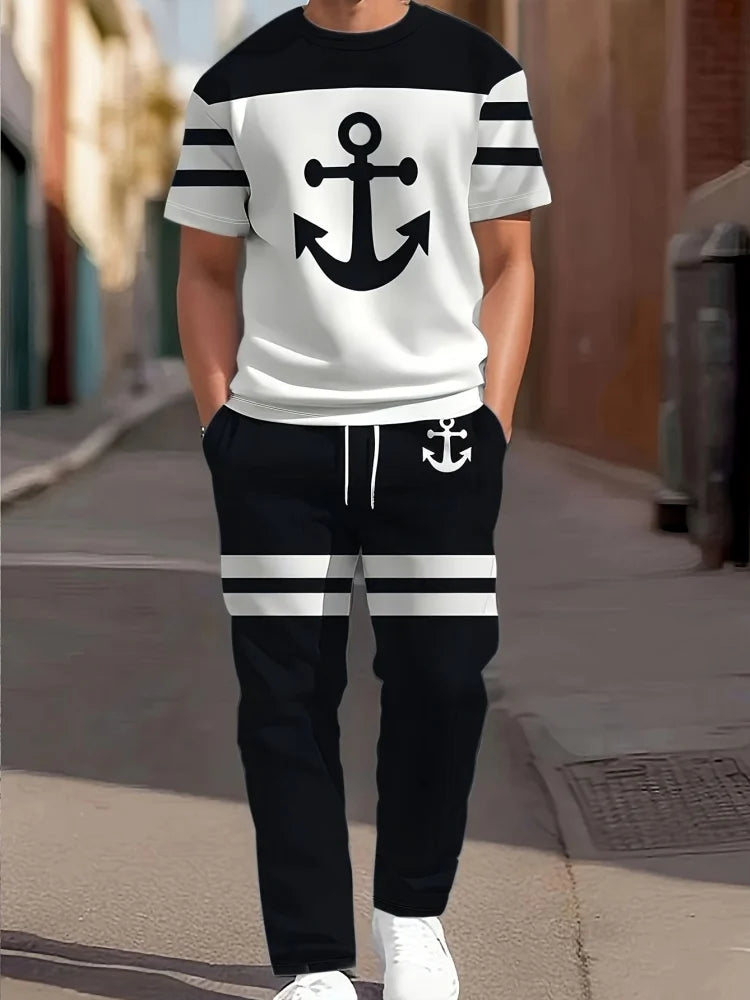 Men's 3D Navy Anchor Print Shirt & Pants Set