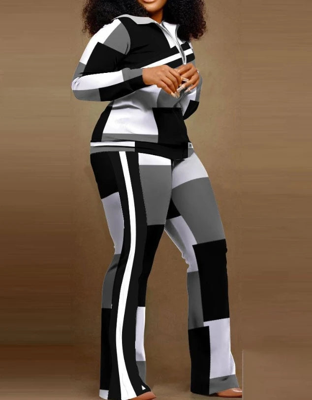Women's Geometric Print Zip-Up Top & Pants Set