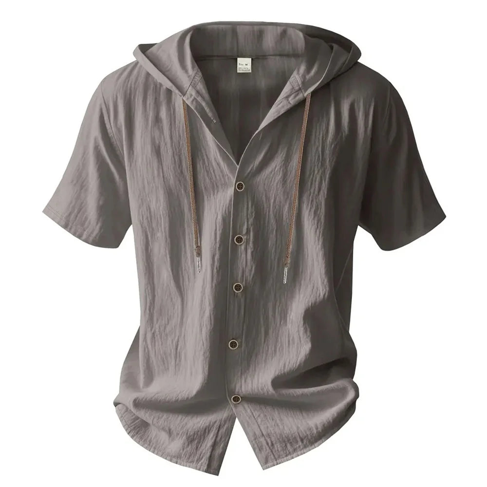 Men's Cotton Linen Hooded Short-Sleeve Shirt