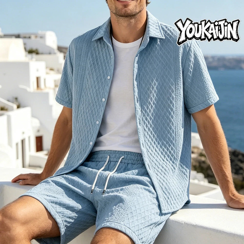 Men's Jacquard Lapel Shirt & Shorts Set