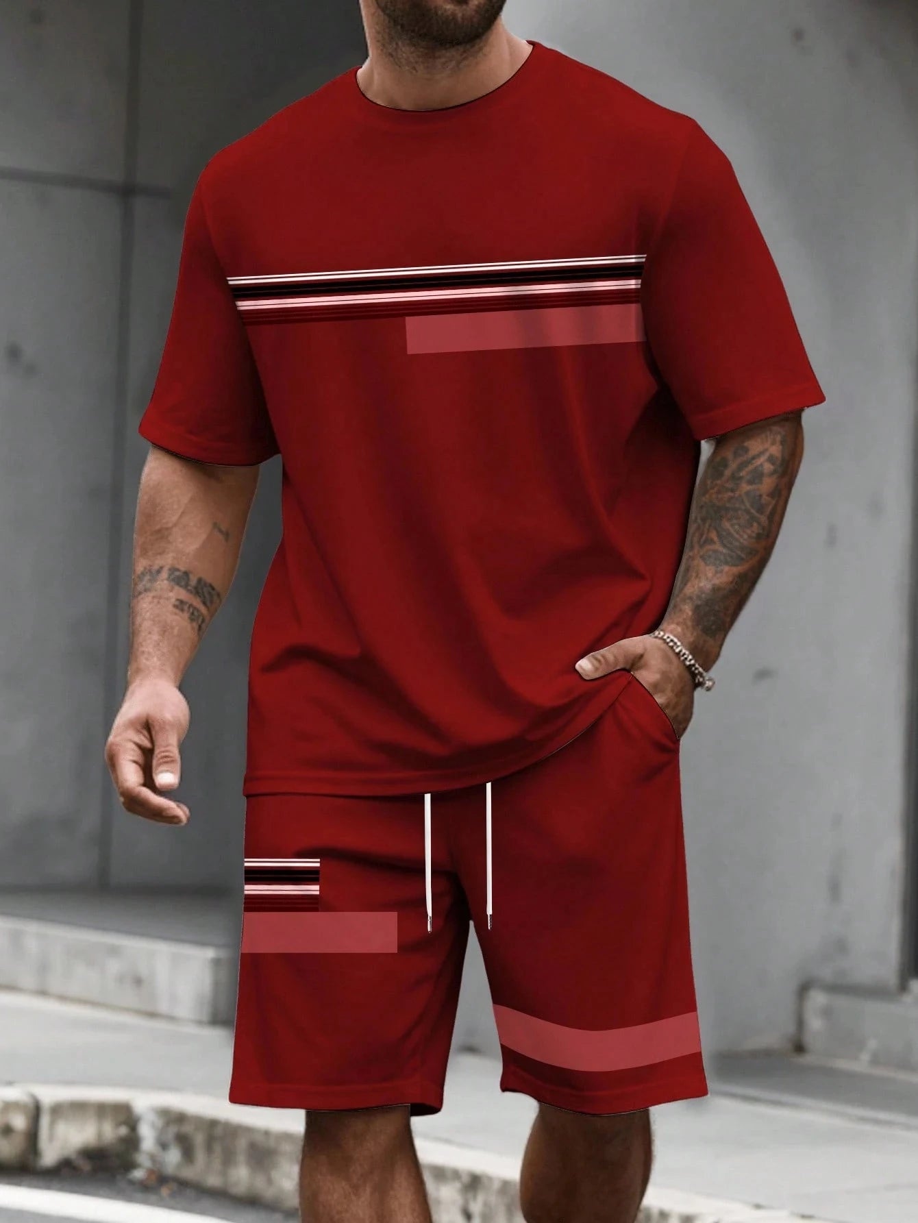 Men's Stripe Print T-Shirt & Shorts Set
