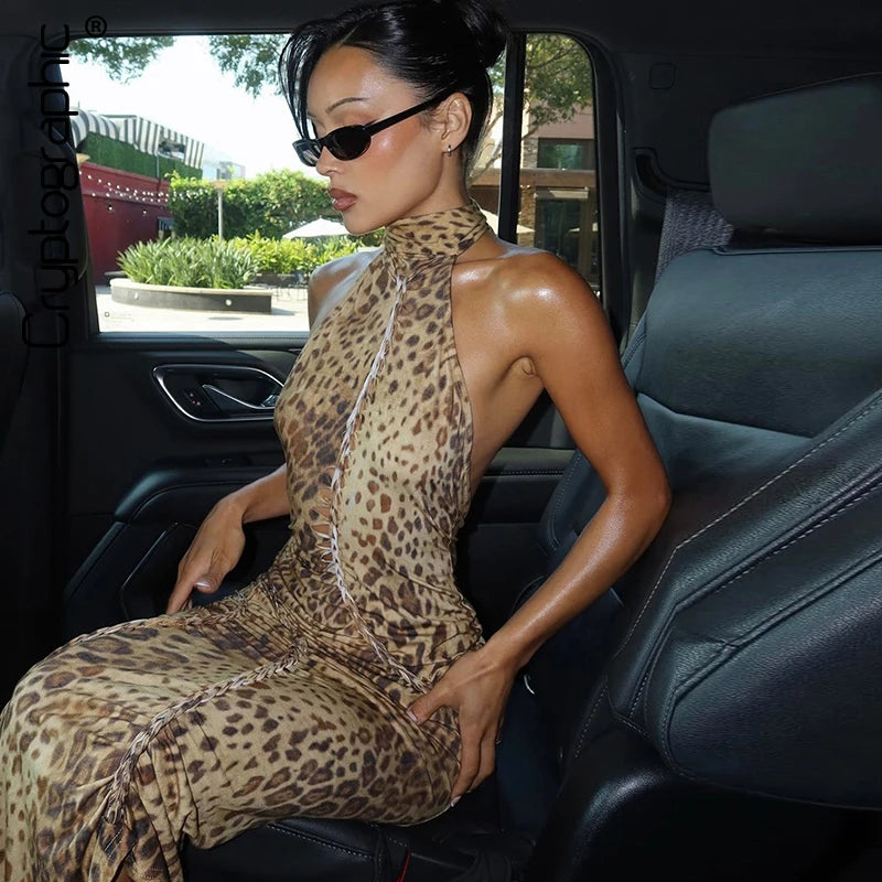 Women's Halter Leopard Bandage Maxi Dress