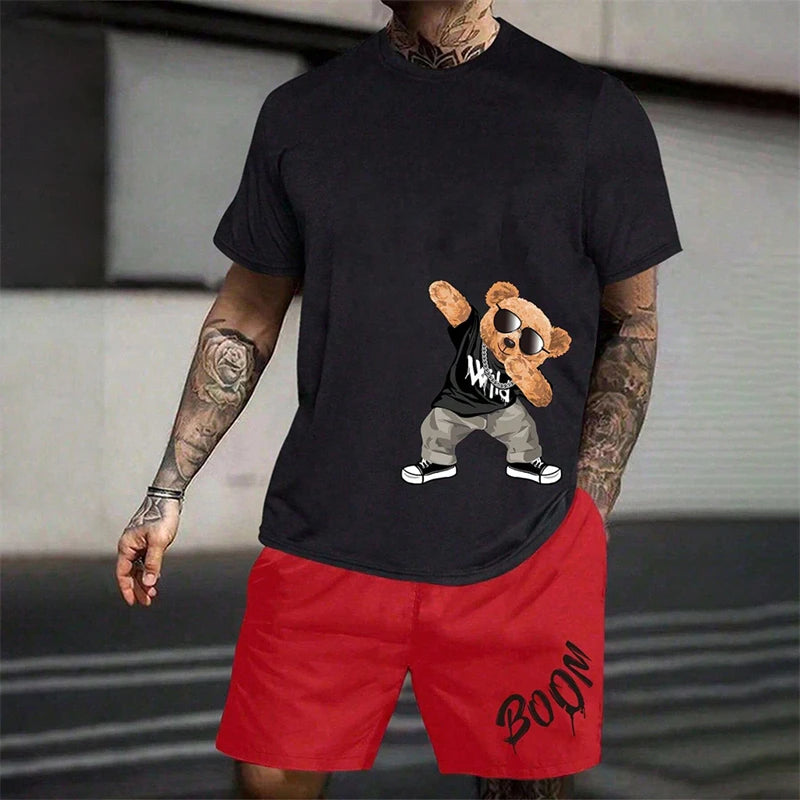 Men's Harajuku Bear Graphic T-Shirt & Shorts Set