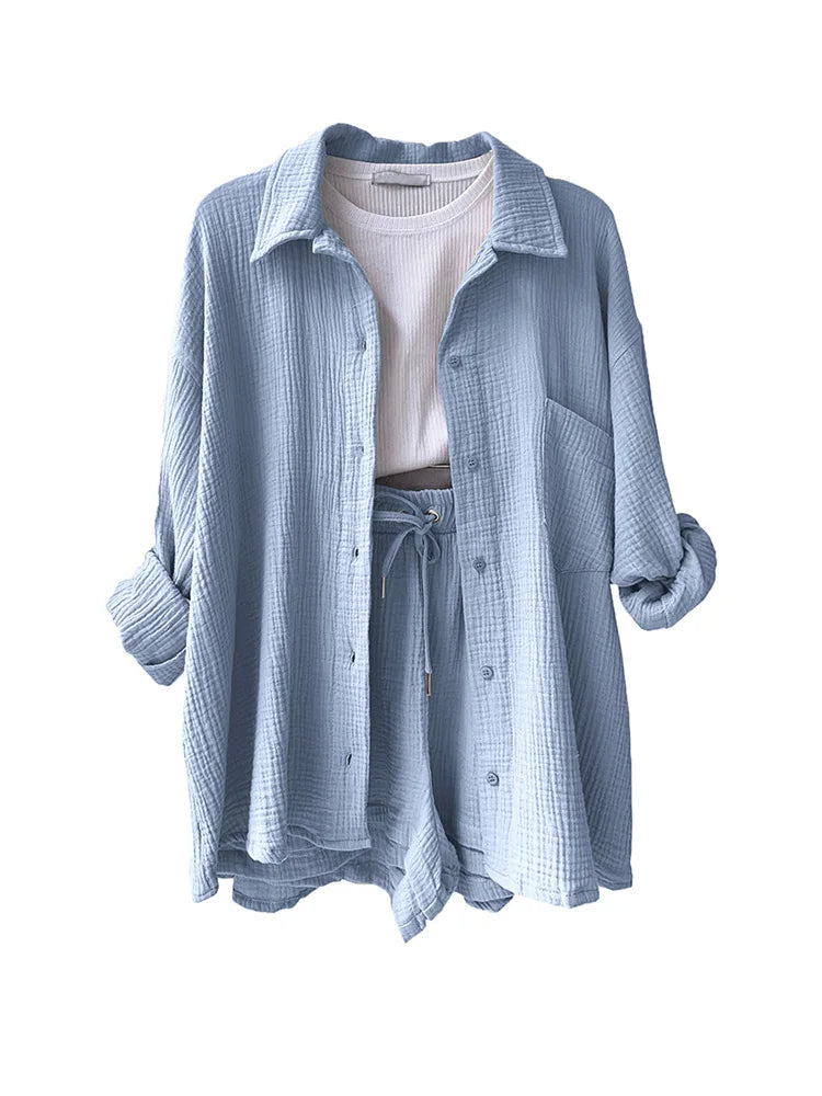 Women's Muslin Button Short Suit Set