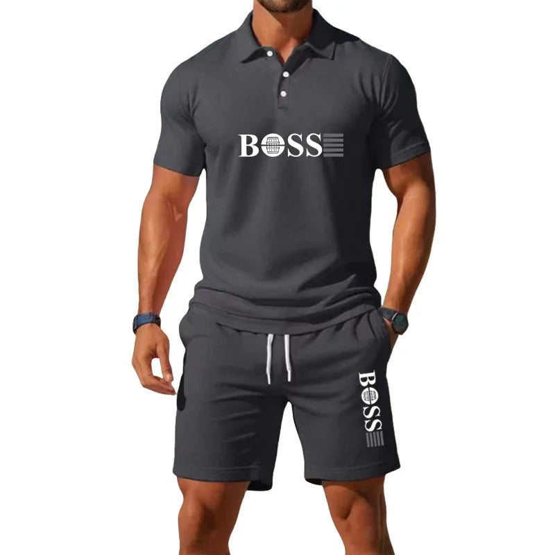 Men's Retro Polo Collar T-Shirt & Shorts Set