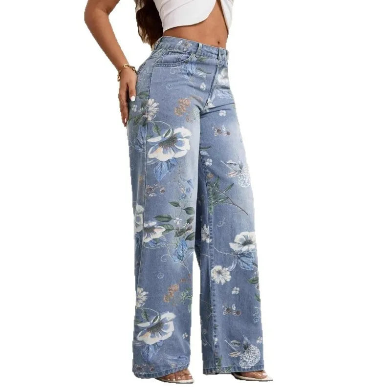 Women's Gothic Print High-Waist Baggy Jeans