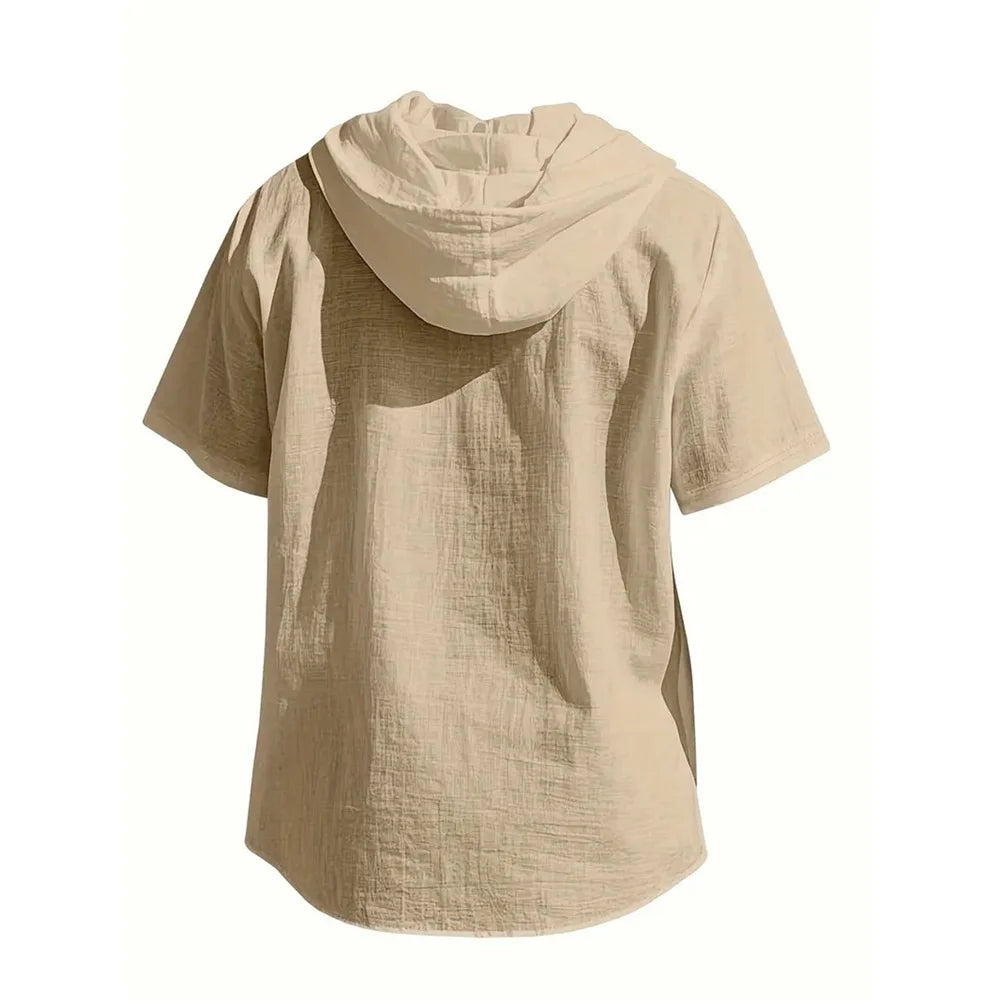 DOUSE Men's Cotton Linen Hooded Shirt – Breathable Drawstring Summer Button-Up