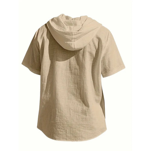 DOUSE Men's Cotton Linen Hooded Shirt – Breathable Drawstring Summer Button-Up