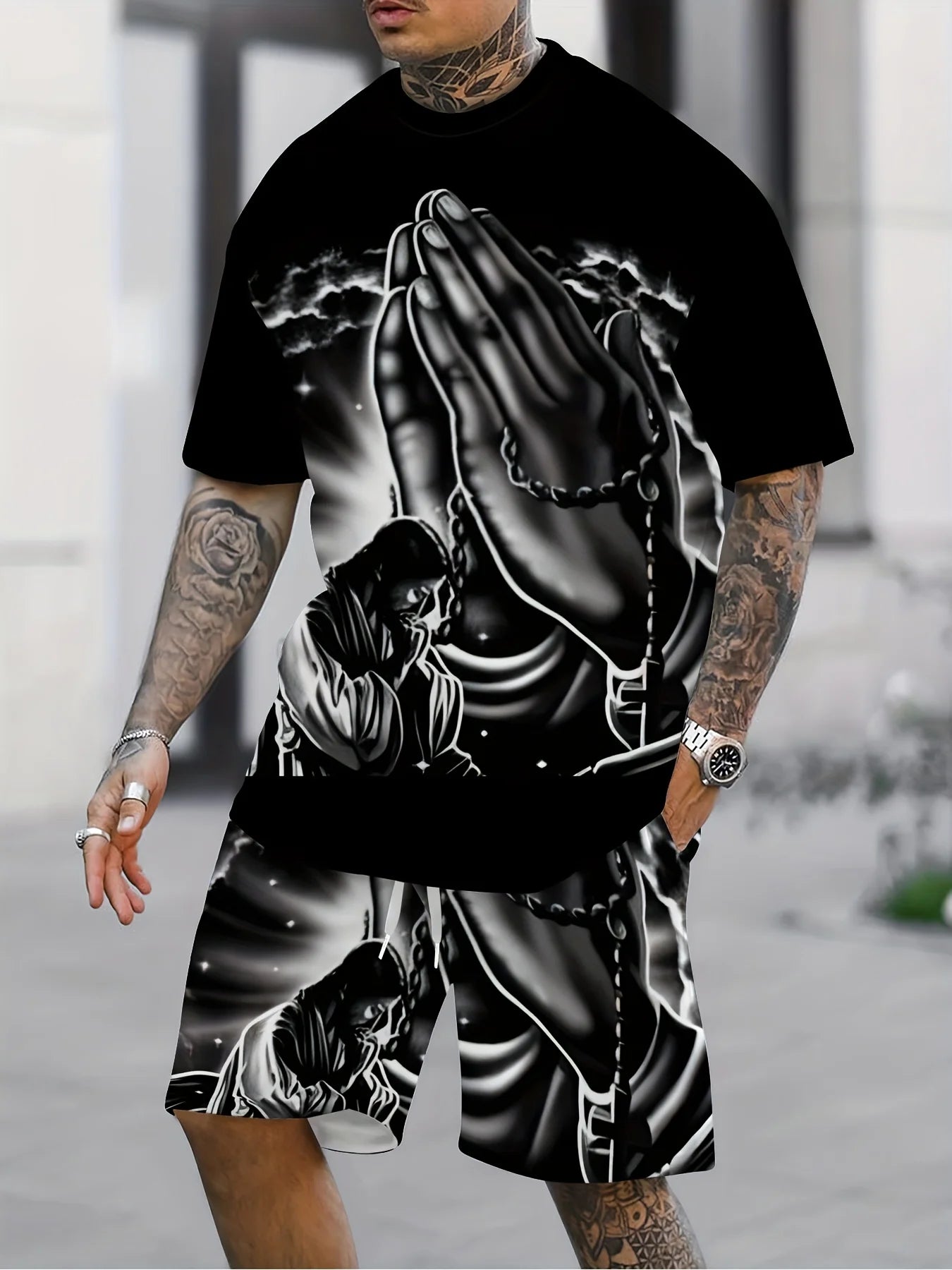 Men's King Print 3D T-Shirt & Shorts Set