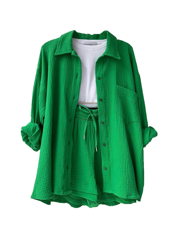 Women's Muslin Button Short Suit Set