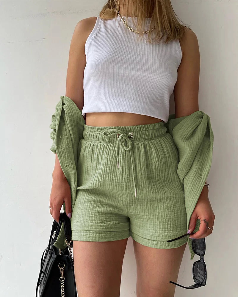 Women's Muslin Button Short Suit Set