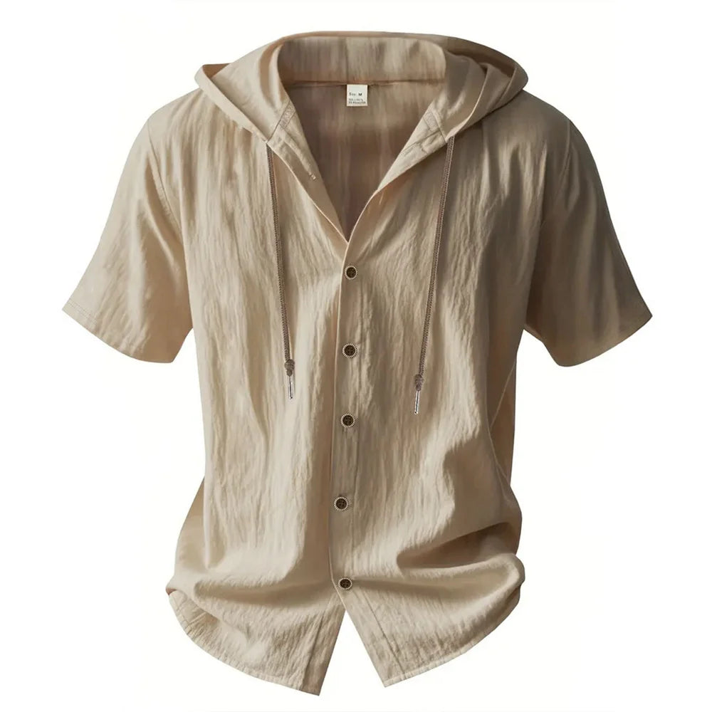 DOUSE Men's Cotton Linen Hooded Shirt – Breathable Drawstring Summer Button-Up