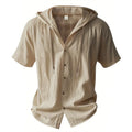 DOUSE Men's Cotton Linen Hooded Shirt – Breathable Drawstring Summer Button-Up