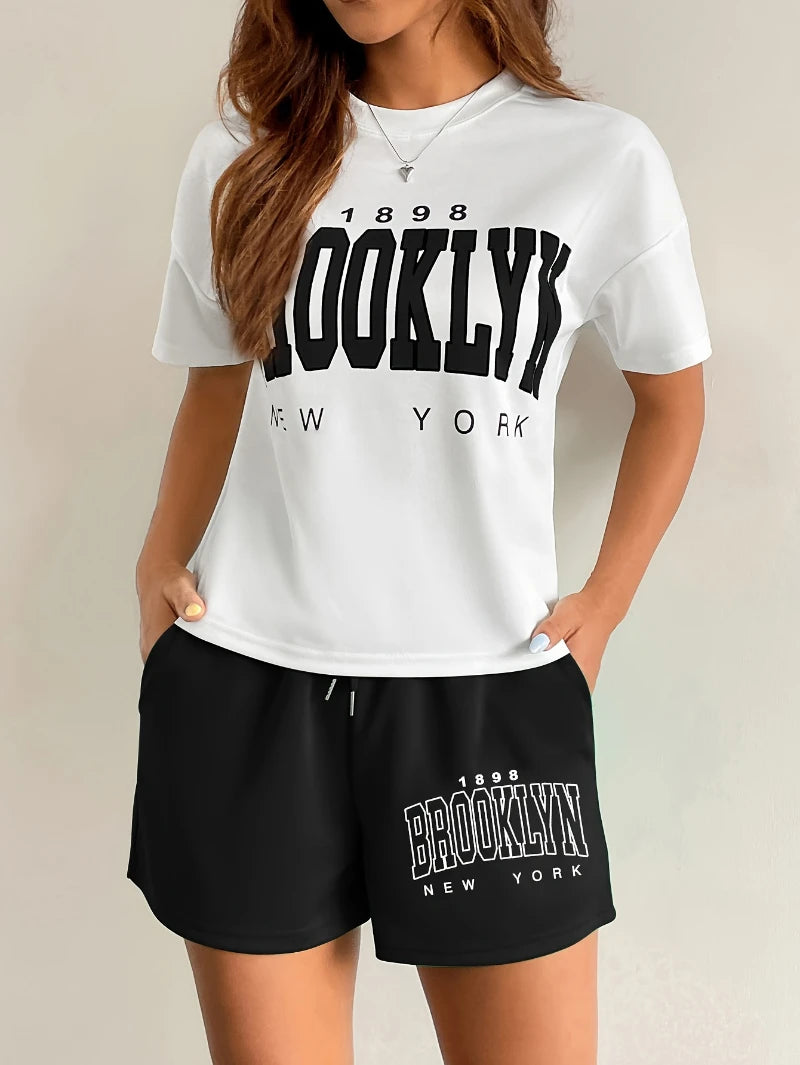 Women's Cartoon Print T-Shirt & Shorts Set