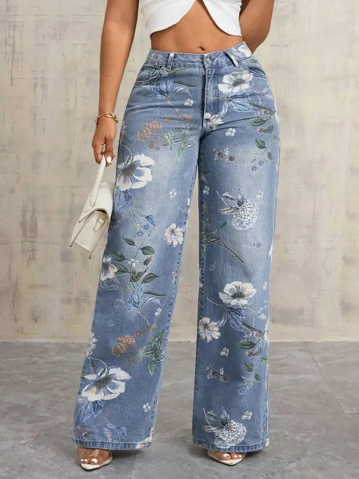 Women's Gothic Print High-Waist Baggy Jeans