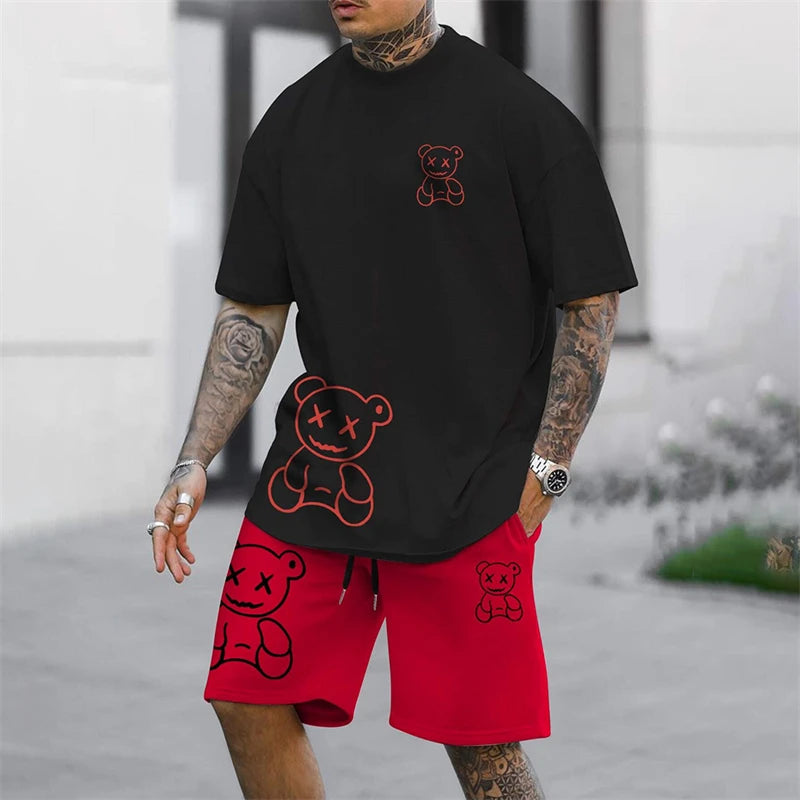 Men's Harajuku Bear Graphic T-Shirt & Shorts Set