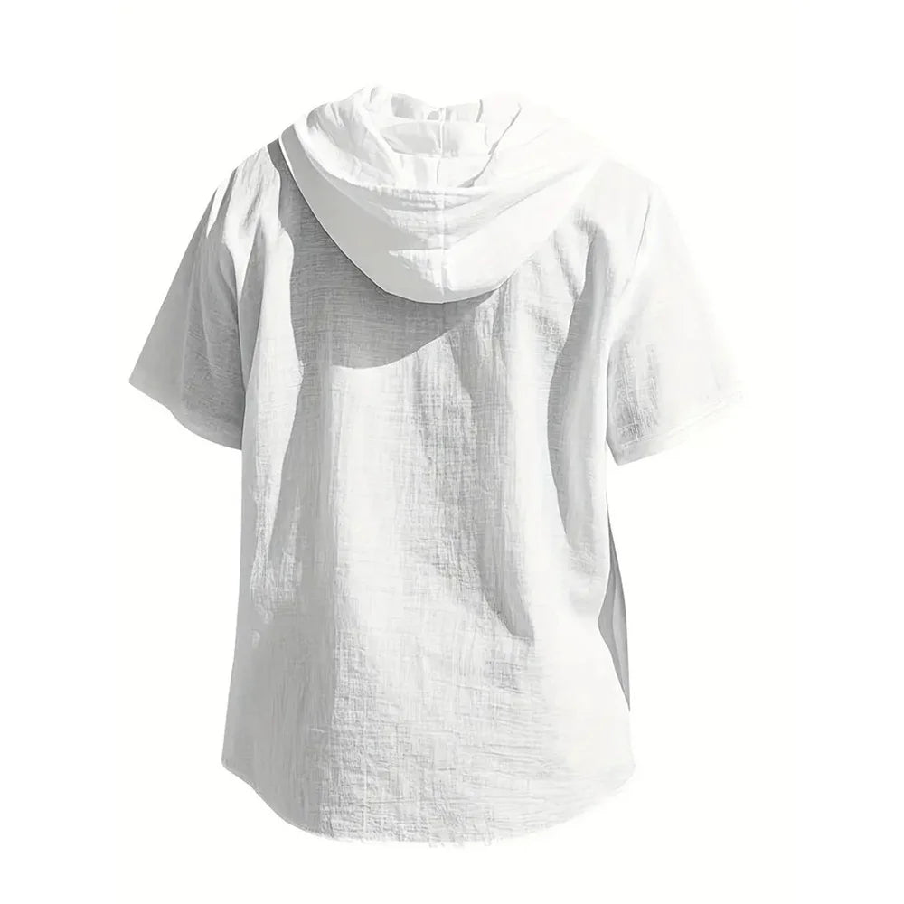 Men's Cotton Linen Hooded Short-Sleeve Shirt