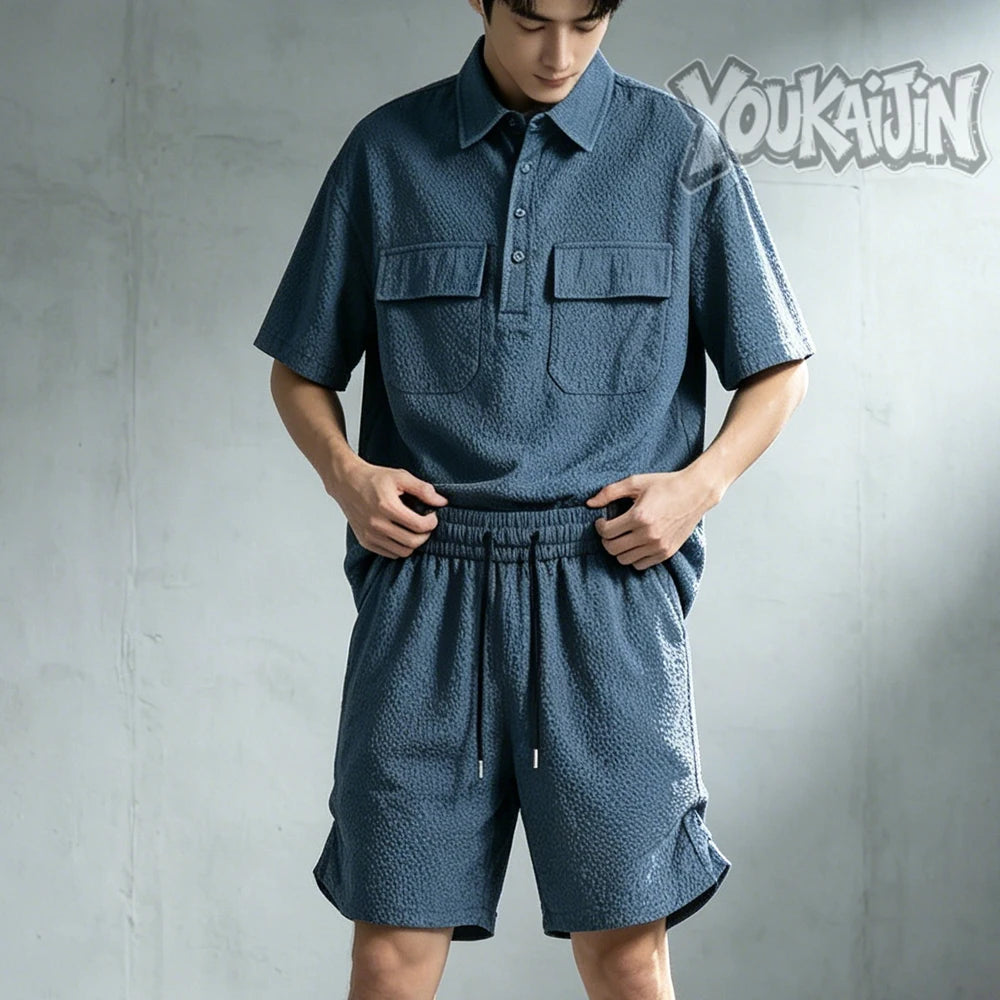 Men's Korean Polo & Shorts Crinkle Set
