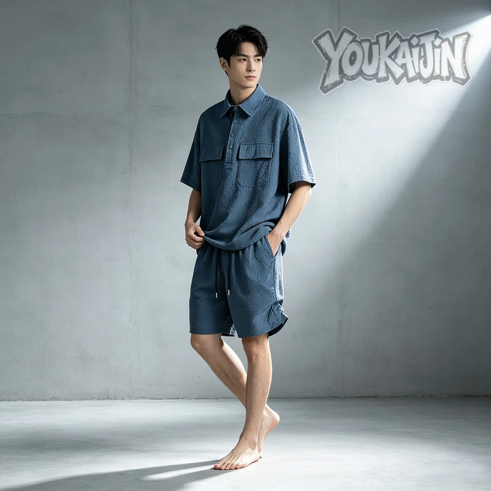 Men's Korean Polo & Shorts Crinkle Set