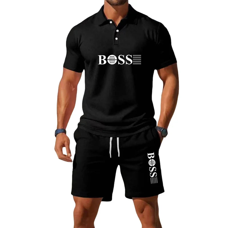 Men's Retro Polo Collar T-Shirt & Shorts Set
