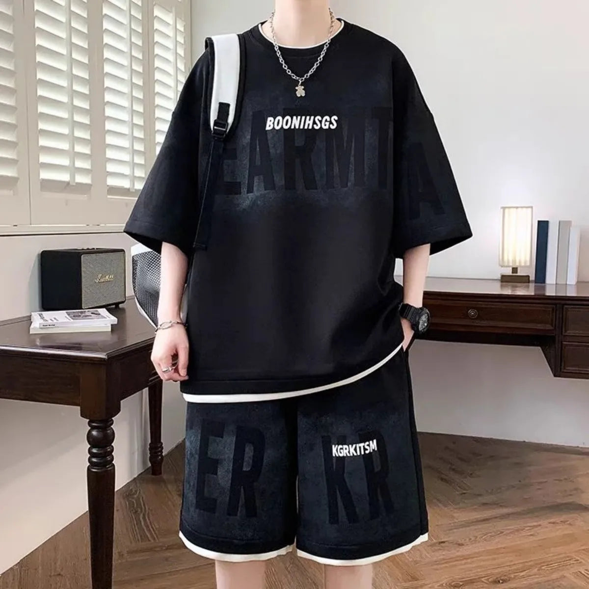 Men's Letter Print T-Shirt & Shorts Sports Set