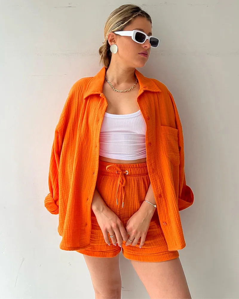 Women's Muslin Button Short Suit Set