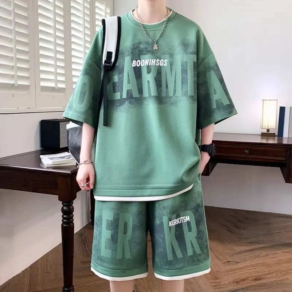 Men's Letter Print T-Shirt & Shorts Sports Set