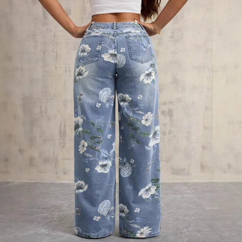 Women's Gothic Print High-Waist Baggy Jeans