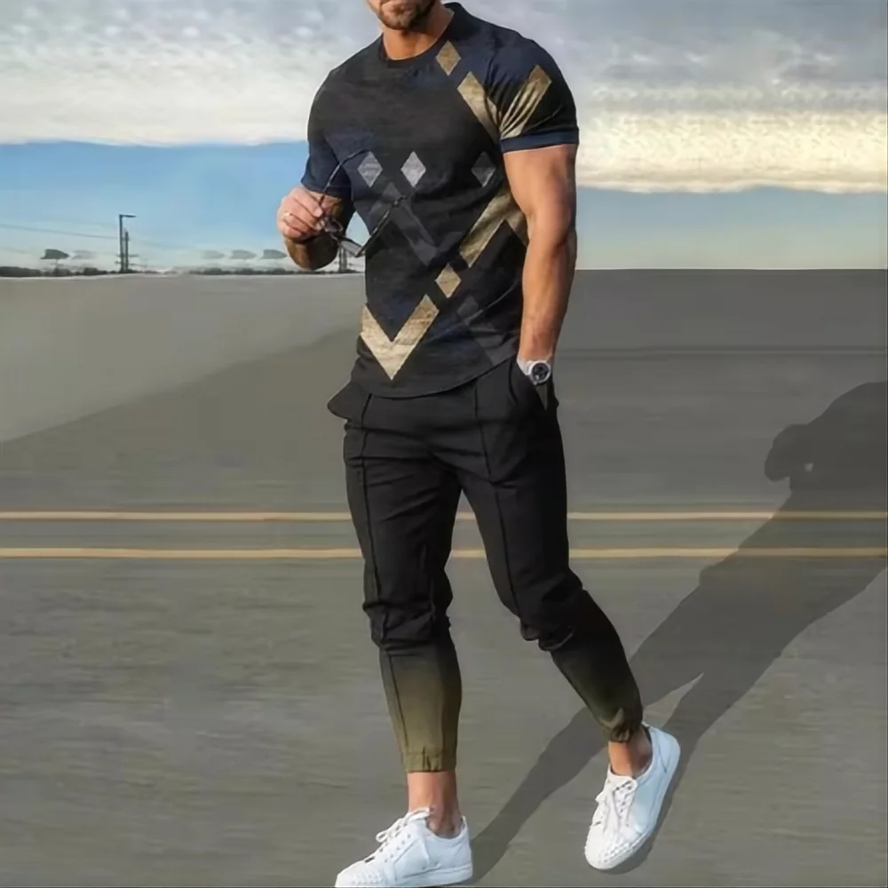 Men's 3D Print T-Shirt & Long Pants Set