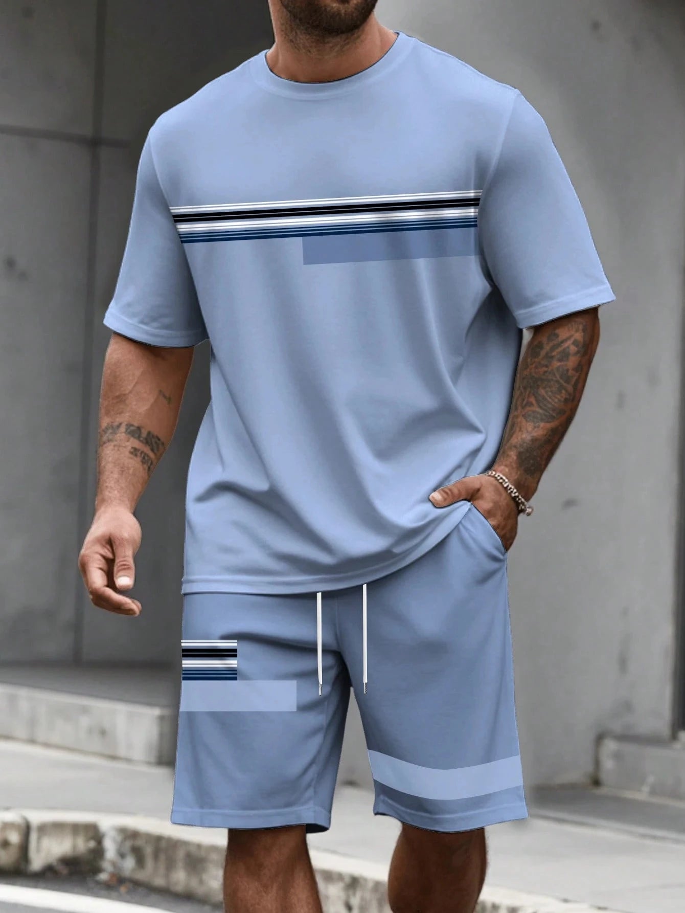Men's Stripe Print T-Shirt & Shorts Set