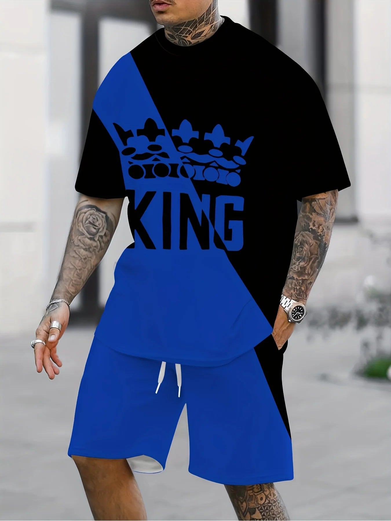 Men's King Print 3D T-Shirt & Shorts Set