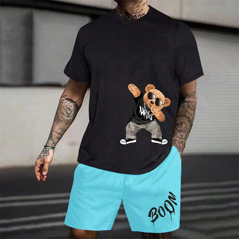 Men's Harajuku Bear Graphic T-Shirt & Shorts Set