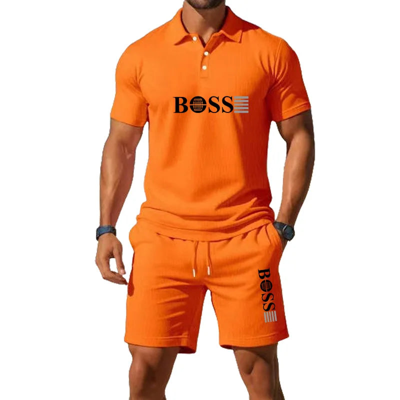 Men's Retro Polo Collar T-Shirt & Shorts Set