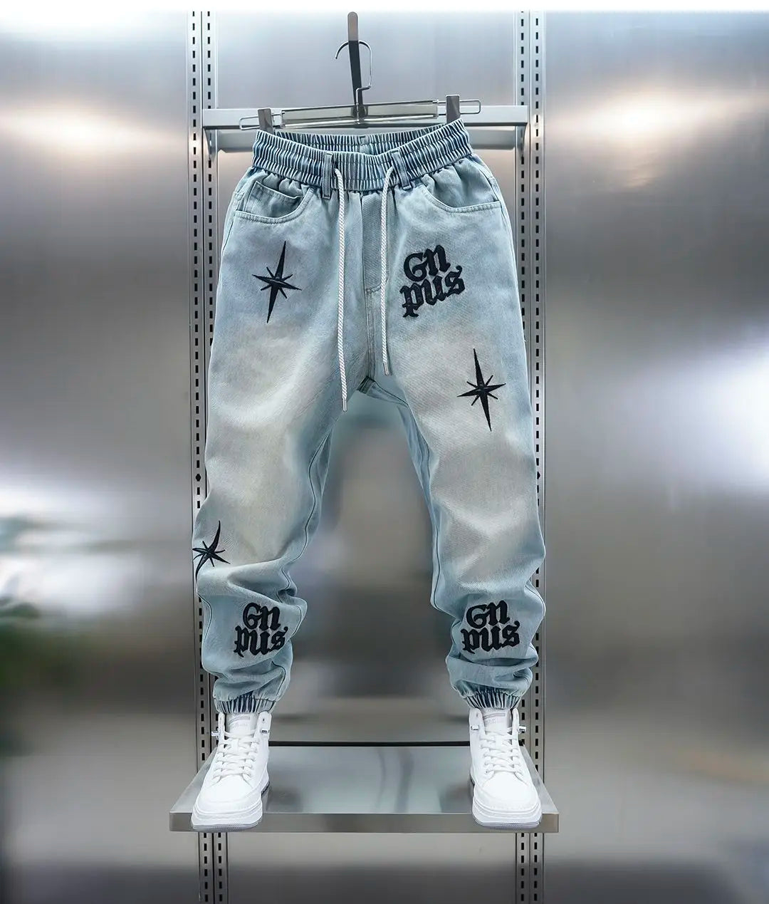 Men's Embroidered Letter Washed Baggy Jeans