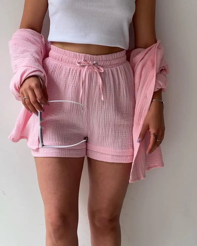 Women's Muslin Button Short Suit Set