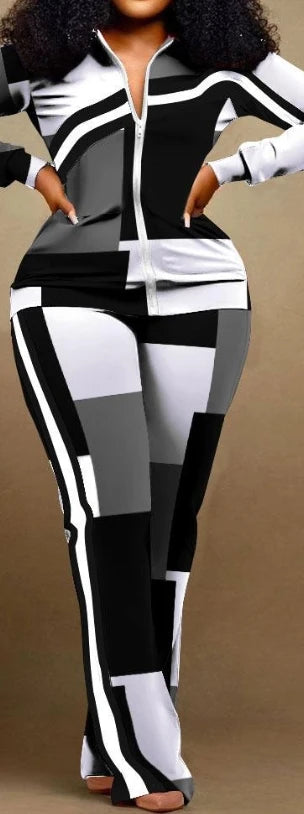 Women's Geometric Print Zip-Up Top & Pants Set