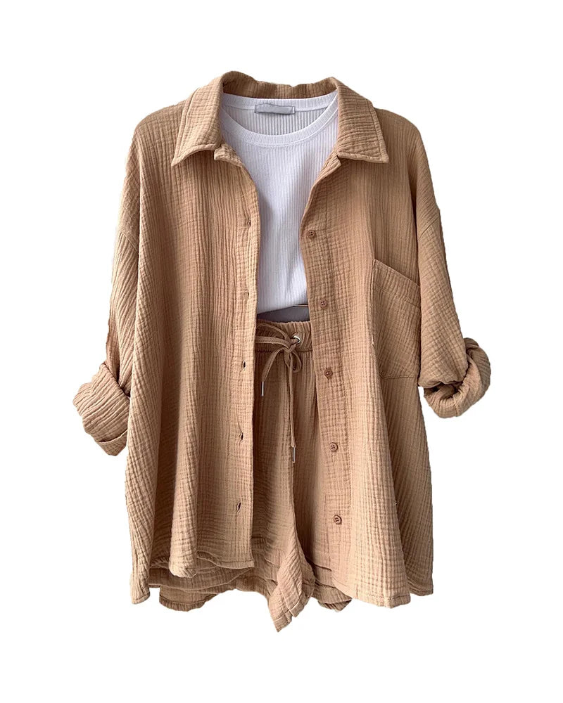 Women's Muslin Button Short Suit Set
