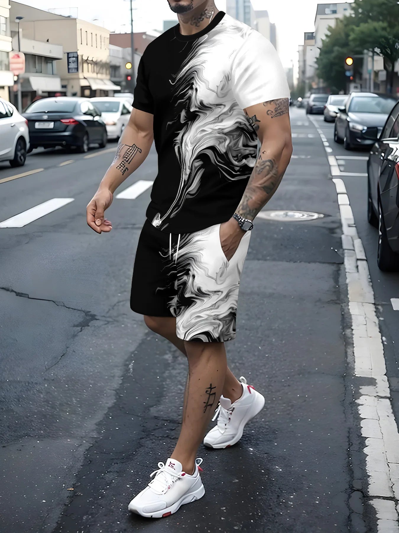 Men's King Print 3D T-Shirt & Shorts Set