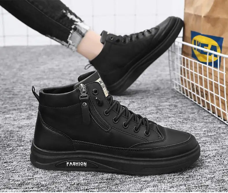 Men's Zip-Up High-Top Leather Ankle Boots