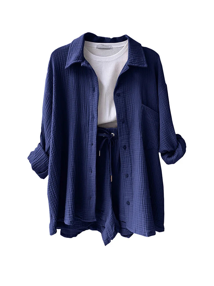 Women's Muslin Button Short Suit Set