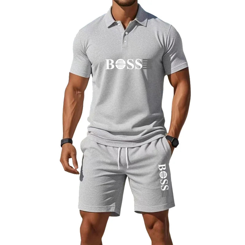 Men's Retro Polo Collar T-Shirt & Shorts Set