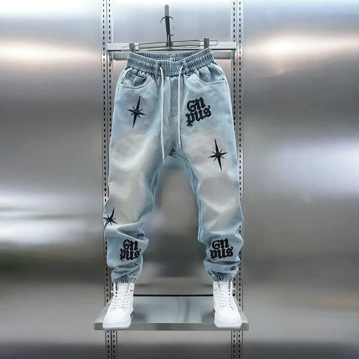 Men's Embroidered Letter Washed Baggy Jeans