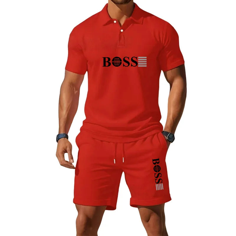 Men's Retro Polo Collar T-Shirt & Shorts Set