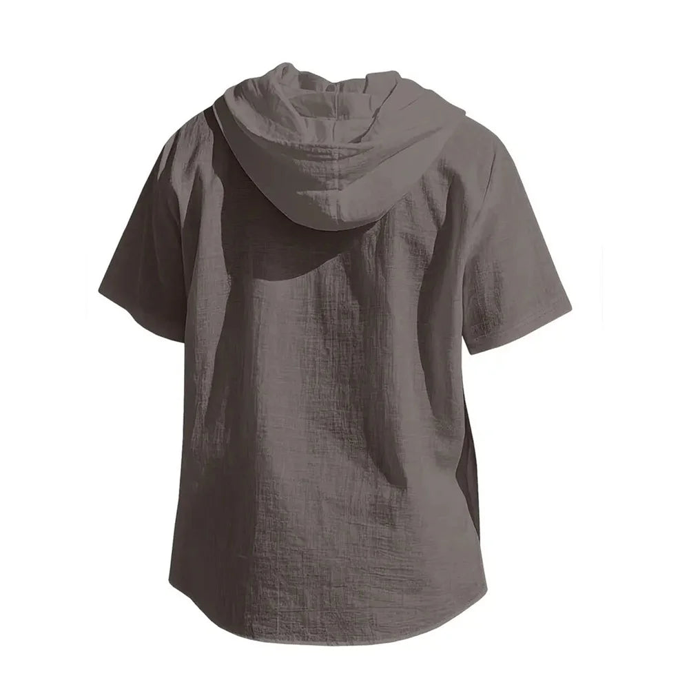 Men's Cotton Linen Hooded Short-Sleeve Shirt