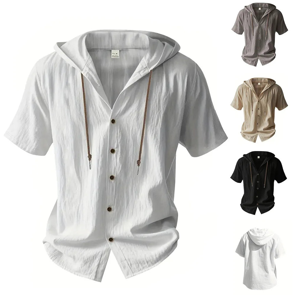 DOUSE Men's Cotton Linen Hooded Shirt – Breathable Drawstring Summer Button-Up