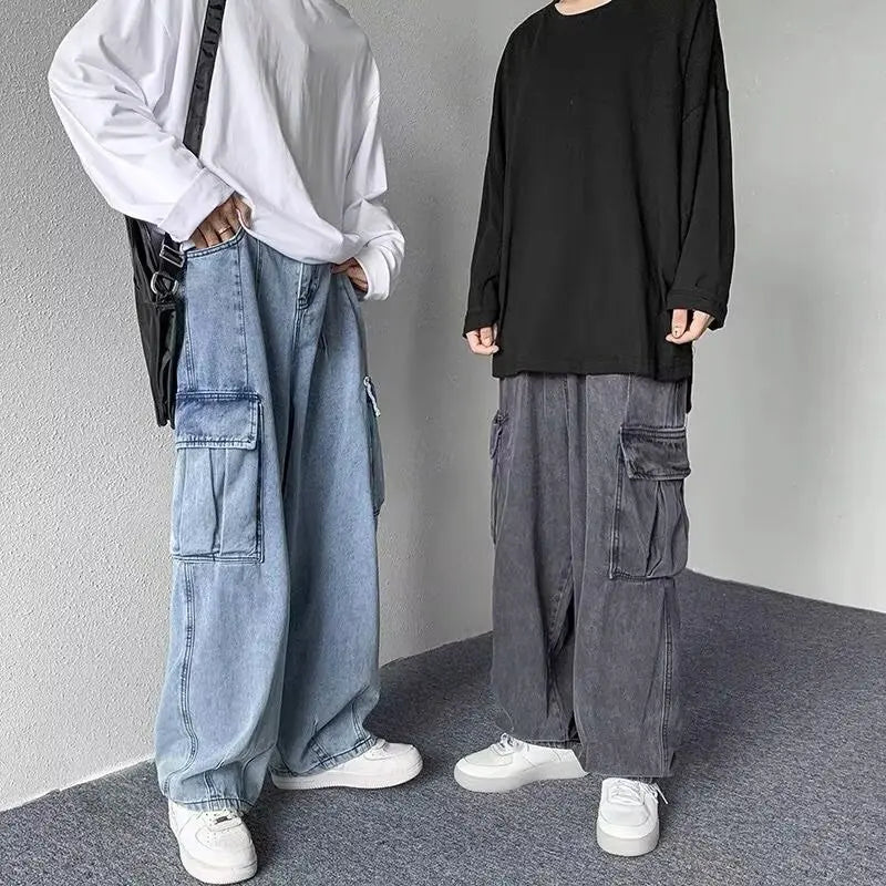 Men's Hip-Hop Vintage Washed Wide-Leg Cargo Jeans